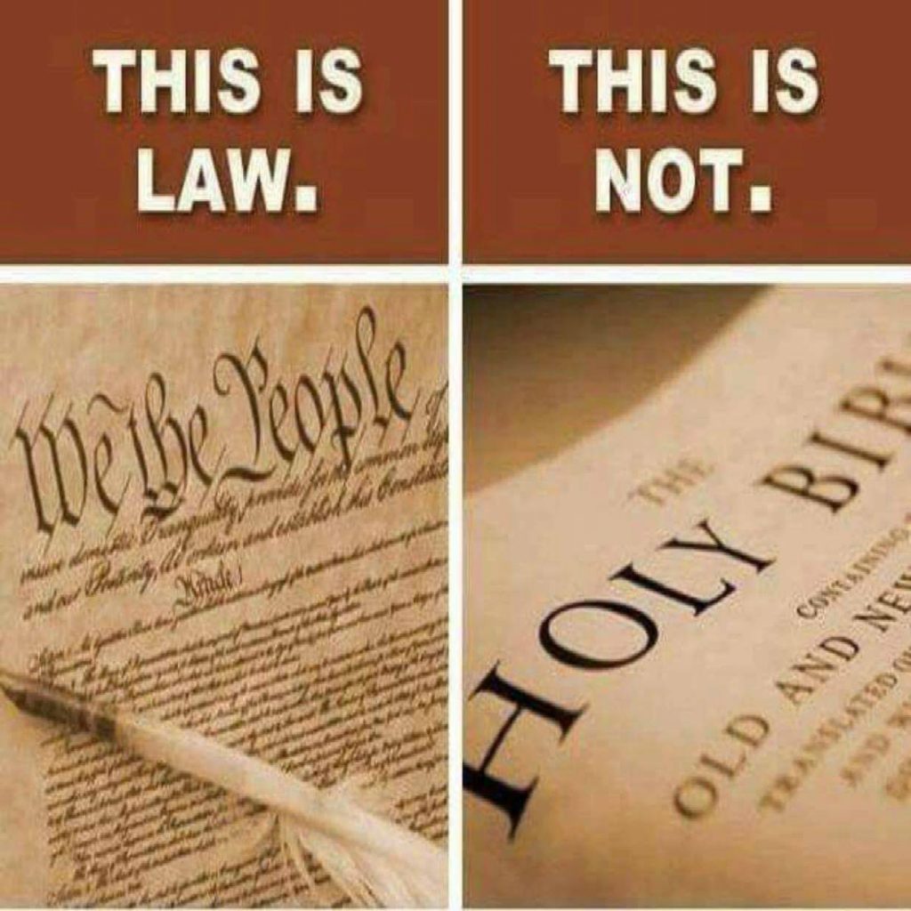 This is law: A picture of the Declaration of Independence. This is not: A picture of the Holy Bible. 